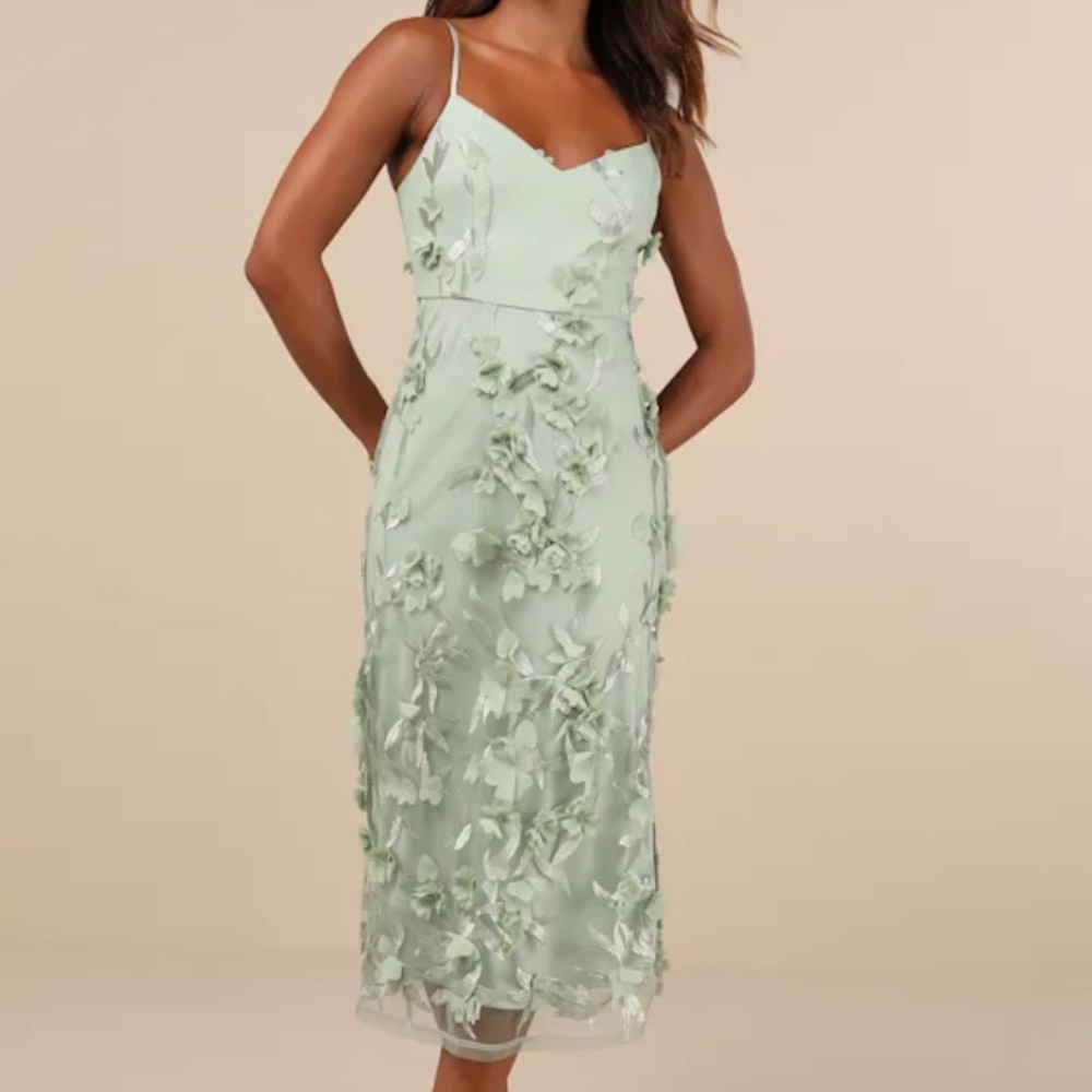 Lulus Limitless Adoration Sage Green 3d Floral Embroidered Midi Dress - Size L